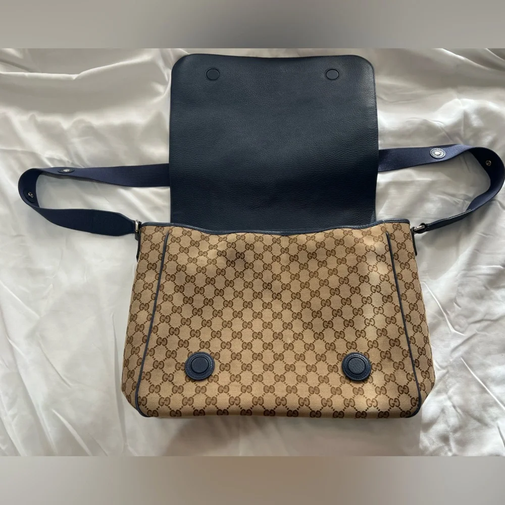 Gucci GG Canvas Messenger Diaper Bag - Blue Trim